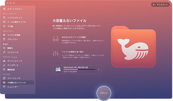 CleanMyMac Xの機能：ファイル（大容量＆古いファイル）