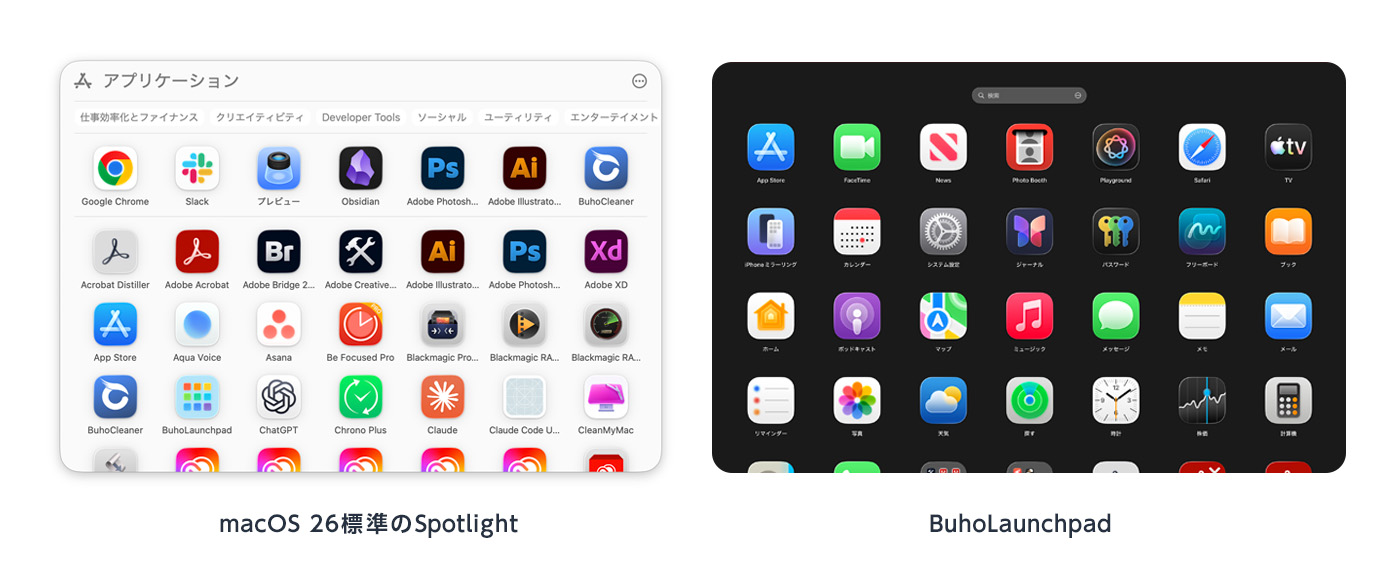 左：macOS 26標準のSpotlight「アプリ」、右：BuhoLaunchpad